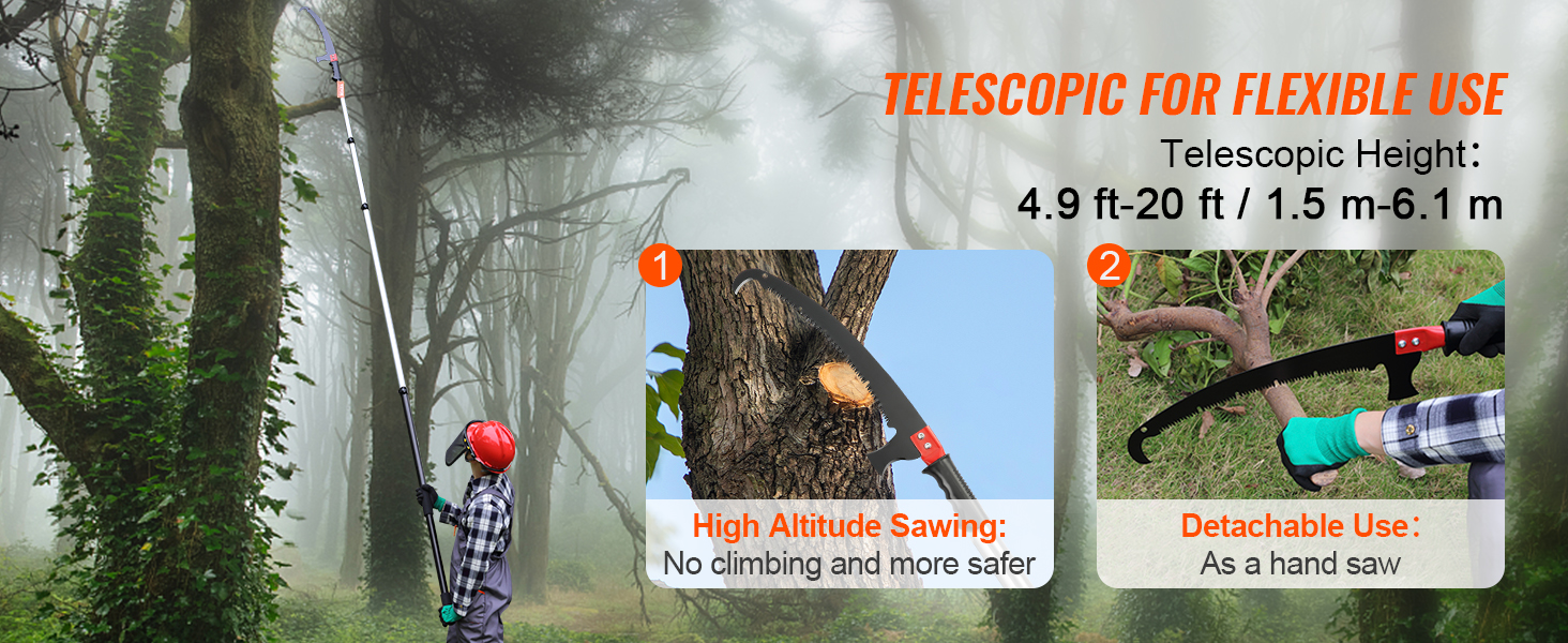 person using VEVOR manual pole saw on tall tree, showcasing high altitude sawing and detachable hand saw.