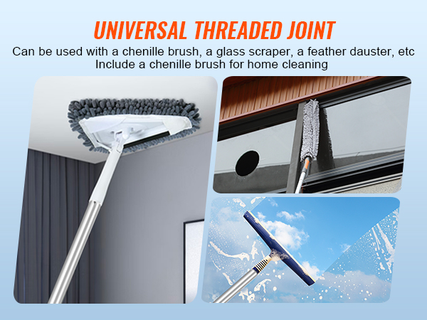 universal threaded joint pole with chenille brush, glass scraper, and duster for home cleaning.