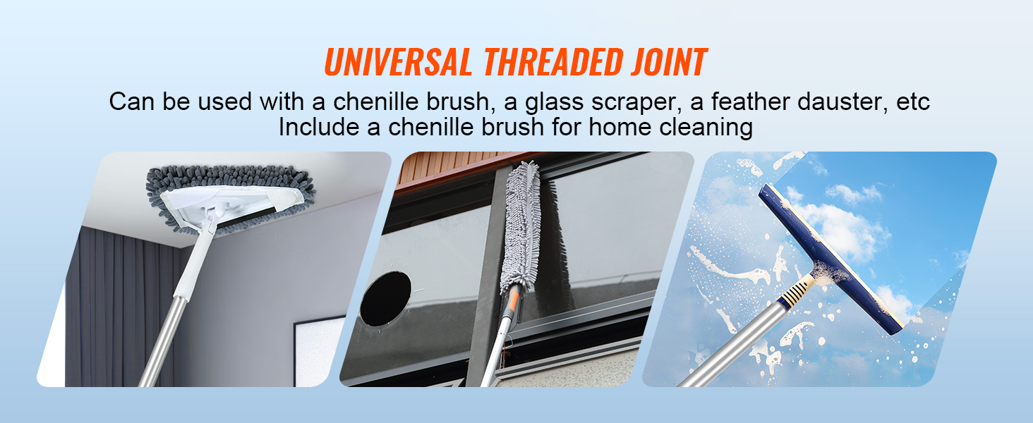 universal threaded joint pole with chenille brush, glass scraper, and duster for home cleaning.