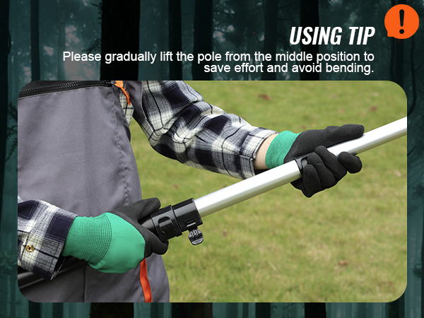 person holding VEVOR manual pole saw on grassy field with a usage tip on lifting the pole gradually.