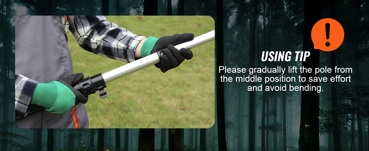 person holding VEVOR manual pole saw on grassy field with a usage tip on lifting the pole gradually.