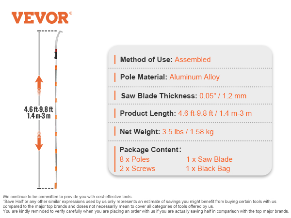 VEVOR manual pole saw with assembled aluminum alloy poles, 9.8 ft max length, 0.05" blade thickness.