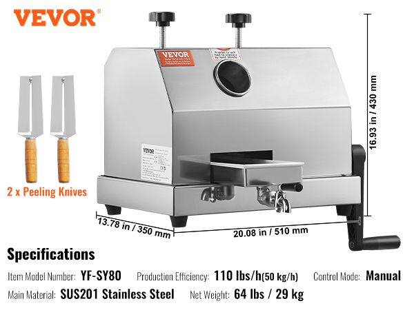 VEVOR sugar cane juicer, model yf-sy80, stainless steel, manual, 110 lbs/h, includes two peeling knives.