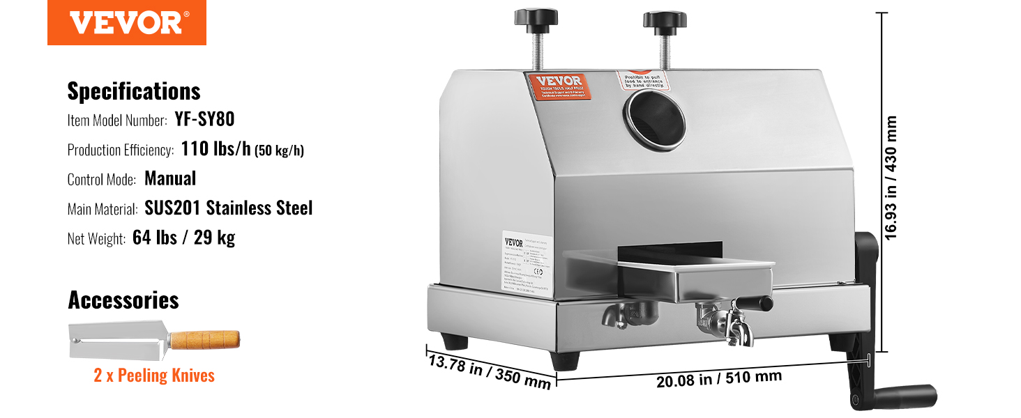 VEVOR sugar cane juicer, model yf-sy80, stainless steel, manual, 110 lbs/h, includes two peeling knives.