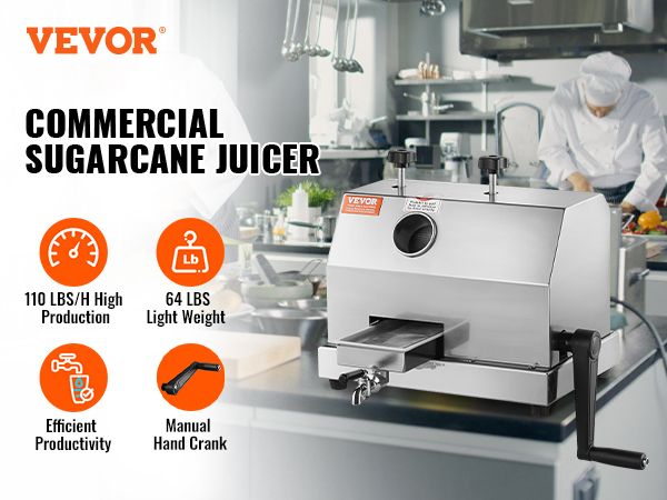 VEVOR sugar cane juicer with manual hand crank, high production, lightweight, efficient in a commercial kitchen.