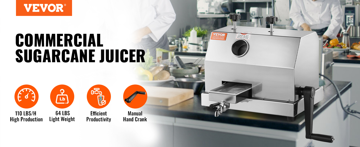 VEVOR sugar cane juicer with manual hand crank, high production, lightweight, efficient in a commercial kitchen.