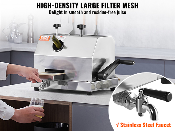 man using VEVOR sugar cane juicer in a kitchen, highlighting the stainless steel faucet.