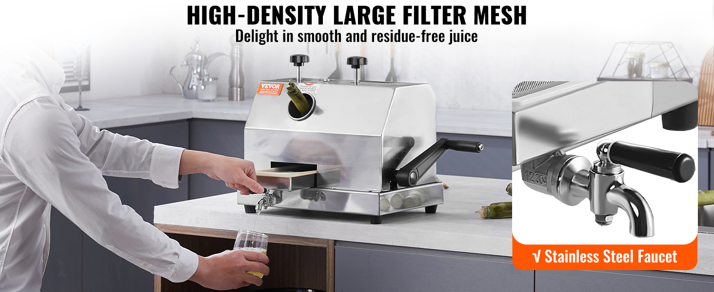 man using VEVOR sugar cane juicer in a kitchen, highlighting the stainless steel faucet.