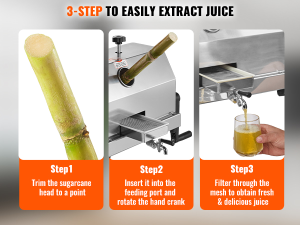 3-step process for using a VEVOR sugar cane juicer: trim cane, feed and crank, filter for juice.