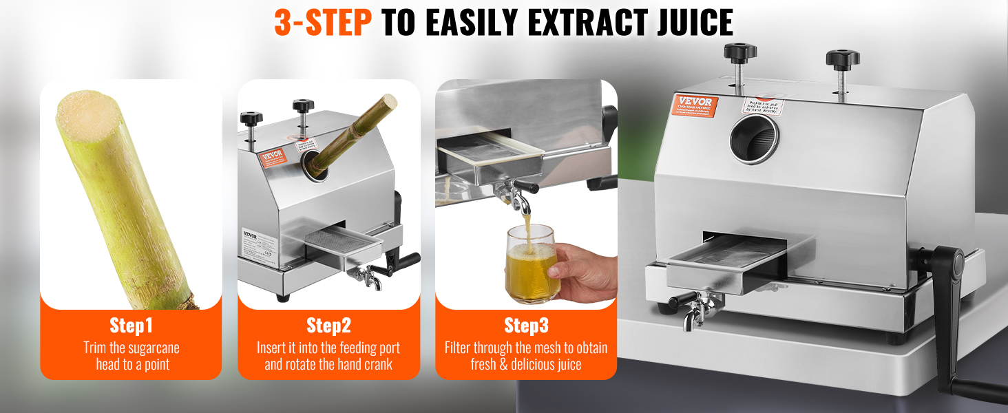 3-step process for using a VEVOR sugar cane juicer: trim cane, feed and crank, filter for juice.