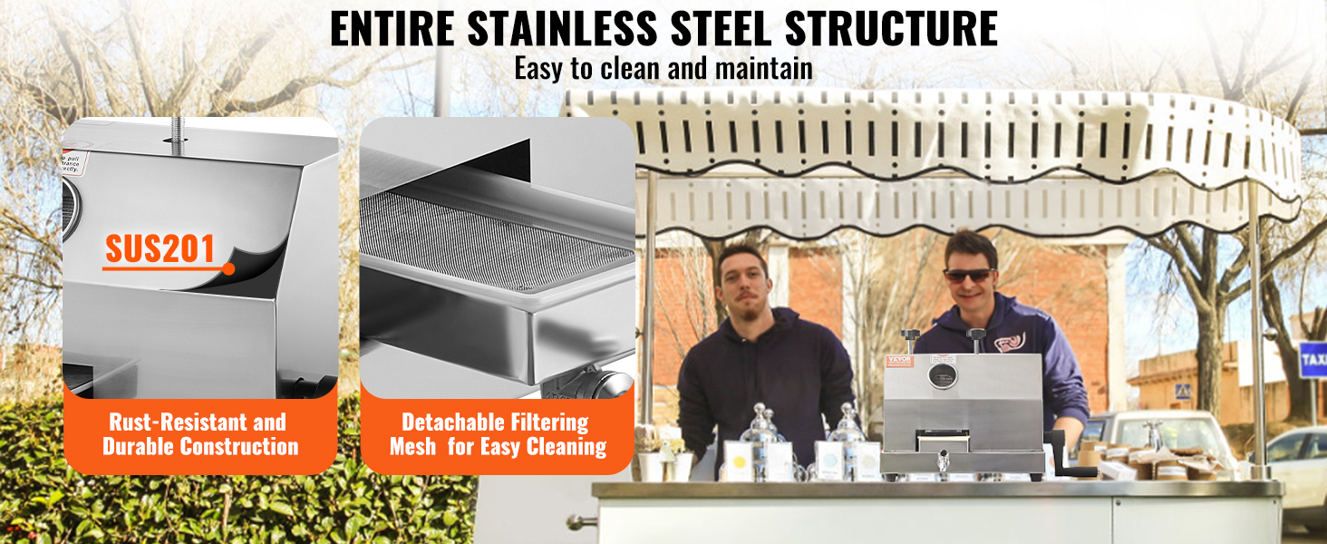 VEVOR sugar cane juicer with stainless steel structure, rust-resistant sus201, and detachable filtering mesh.