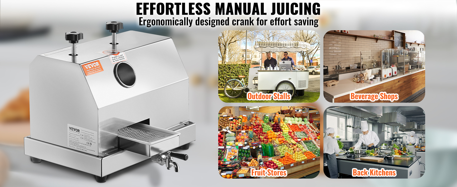 VEVOR sugar cane juicer for effortless manual juicing, ideal for outdoor stalls, beverage shops, and fruit stores.