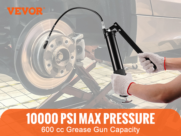 VEVOR grease gun with 10000 psi max pressure and 600 cc capacity shown with accessories.