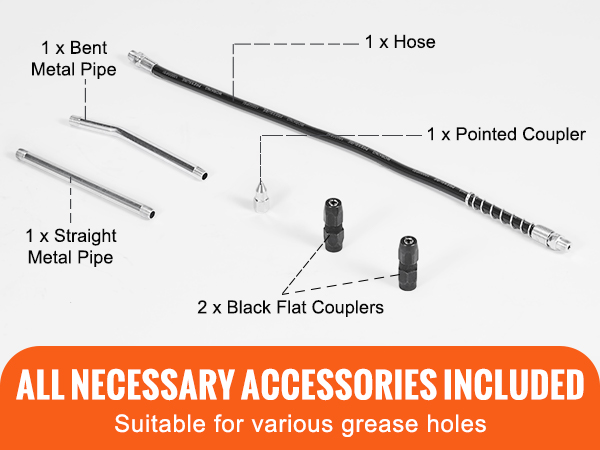VEVOR grease gun accessories: hose, bent and straight metal pipes, pointed coupler, black flat couplers.