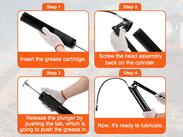 installing VEVOR grease gun: insert cartridge, screw head assembly, release plunger, ready to lubricate.