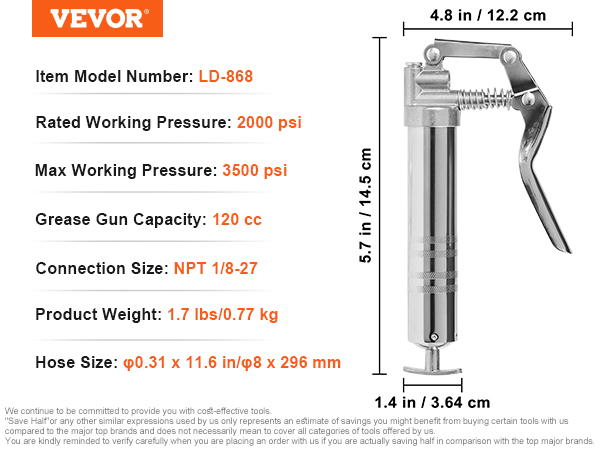 VEVOR pistol grip grease gun ld-868, 3500 psi, 120 cc capacity, 1.7 lbs, npt 1/8-27, hose 11.6 in.
