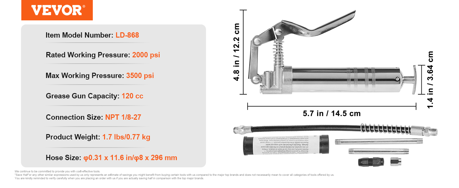 VEVOR pistol grip grease gun ld-868, 3500 psi, 120 cc capacity, 1.7 lbs, npt 1/8-27, hose 11.6 in.
