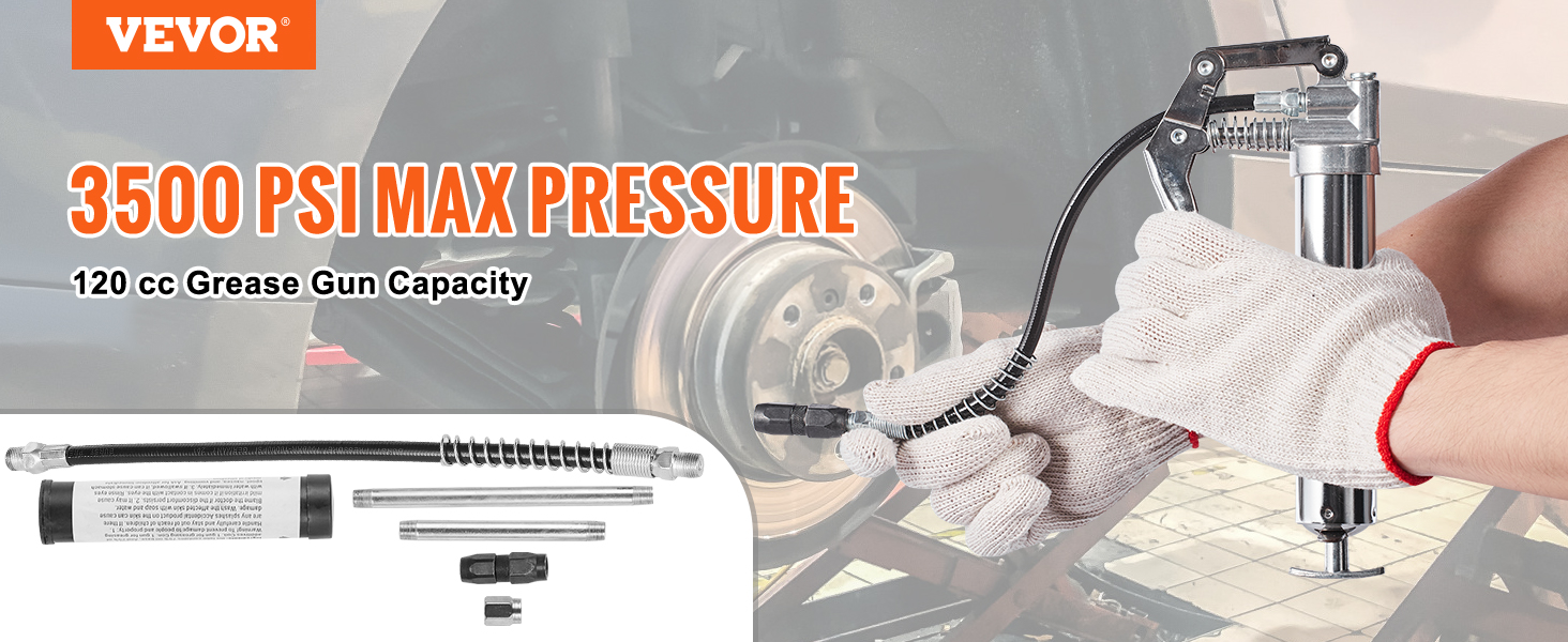VEVOR pistol grip grease gun with 3500 psi max pressure, 120 cc capacity, shown in use.