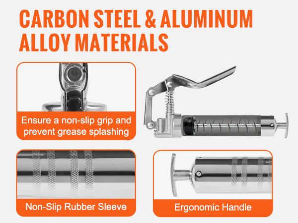 VEVOR pistol grip grease gun with carbon steel and aluminum, non-slip grip, rubber sleeve, ergonomic handle.