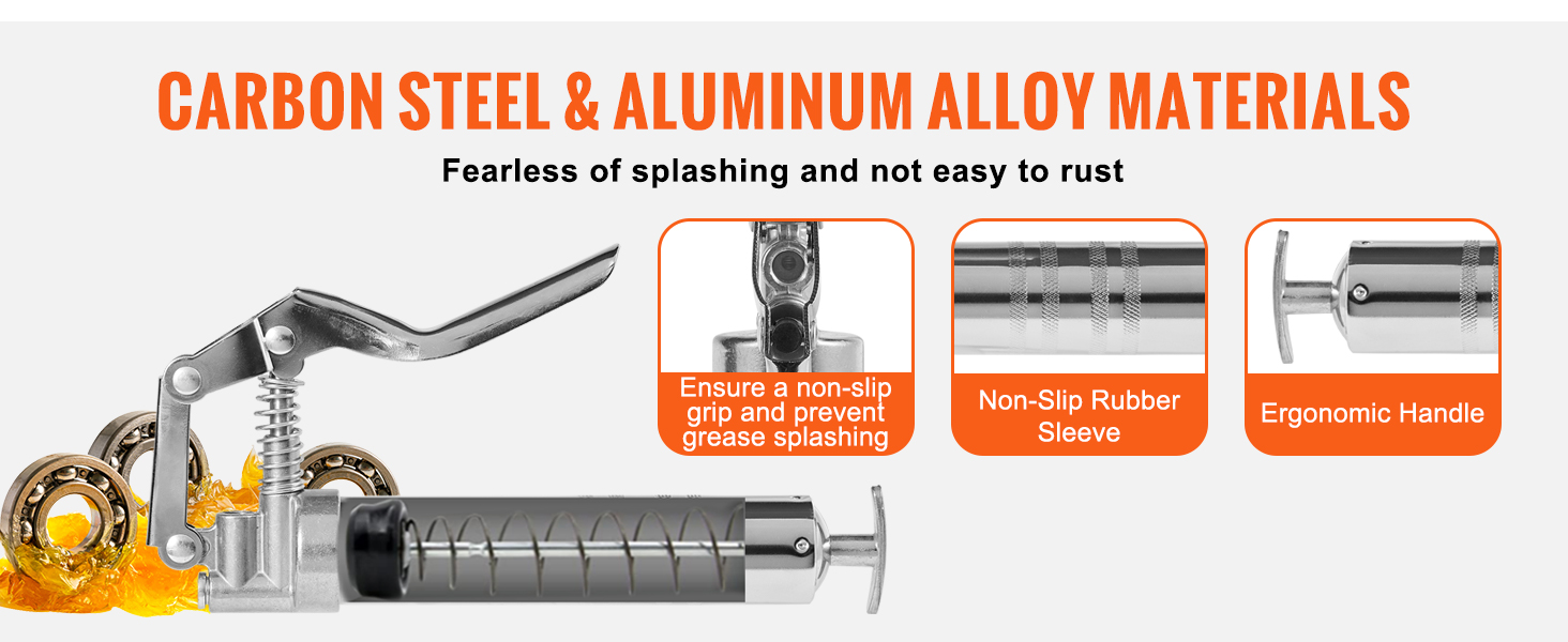 VEVOR pistol grip grease gun with carbon steel and aluminum, non-slip grip, rubber sleeve, ergonomic handle.