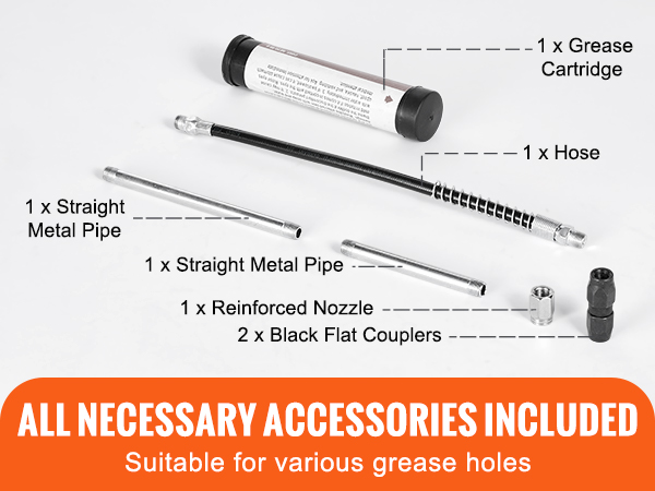 all necessary accessories for VEVOR pistol grip grease gun, including pipes, nozzle, and grease cartridge.