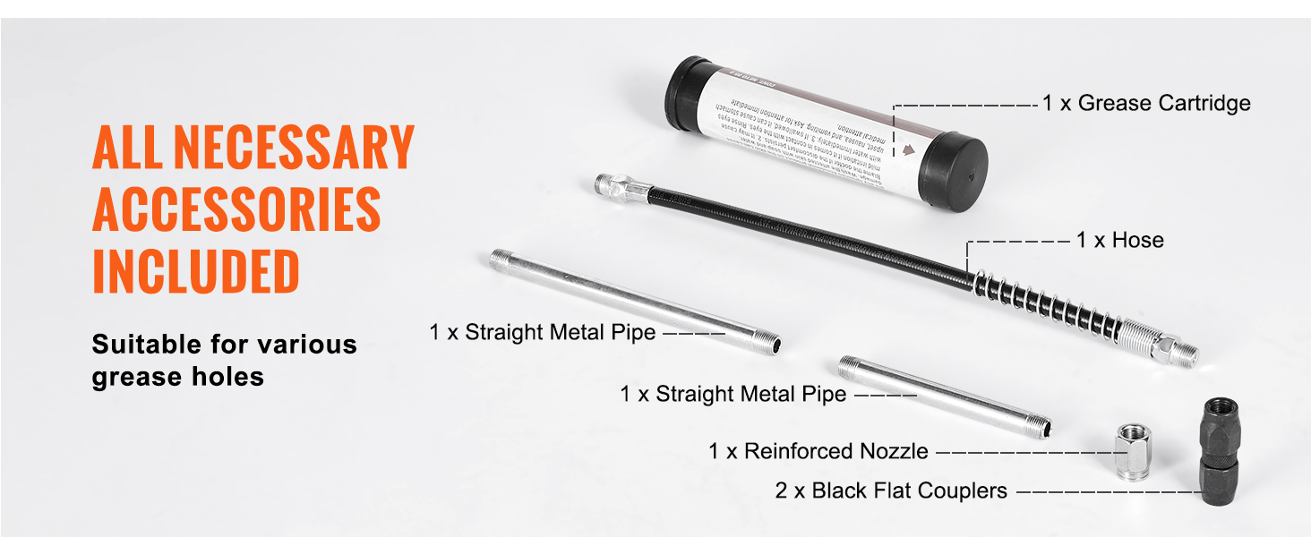 all necessary accessories for VEVOR pistol grip grease gun, including pipes, nozzle, and grease cartridge.