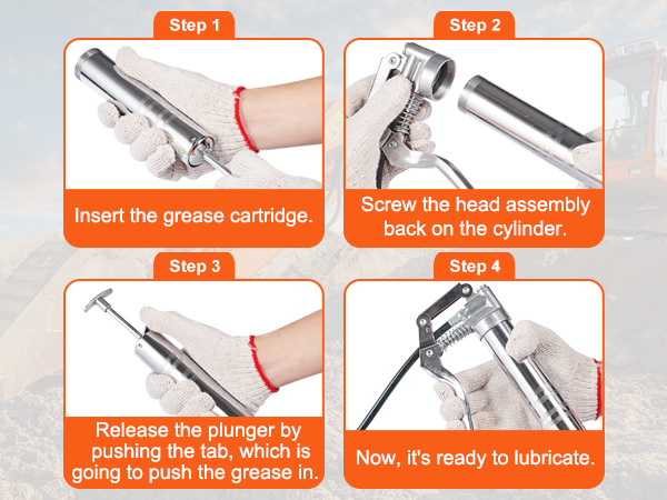 how to install the VEVOR pistol grip grease gun: insert cartridge, screw assembly, release plunger, lubricate.