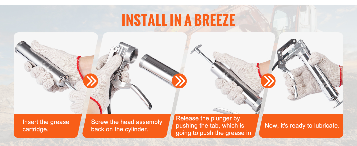 how to install the VEVOR pistol grip grease gun: insert cartridge, screw assembly, release plunger, lubricate.