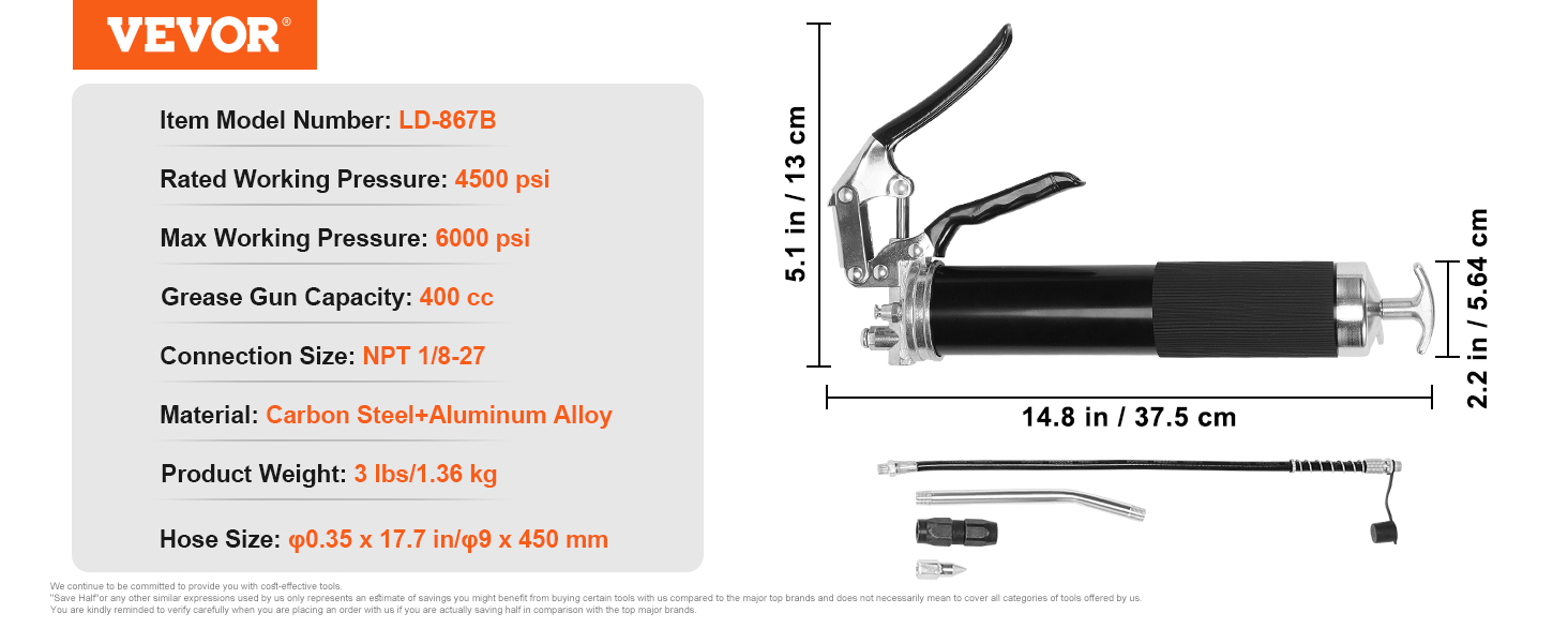 VEVOR pistol grip grease gun ld-867b, 4500 psi, 400 cc capacity, carbon steel+aluminum, 3 lbs.