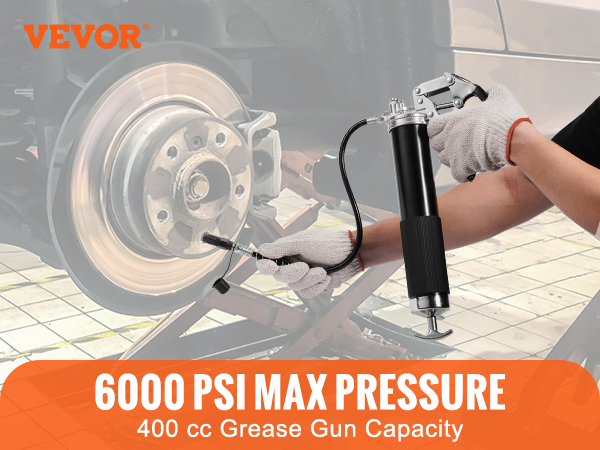 VEVOR pistol grip grease gun, 6000 psi, 400 cc capacity, with gloves and additional accessories.