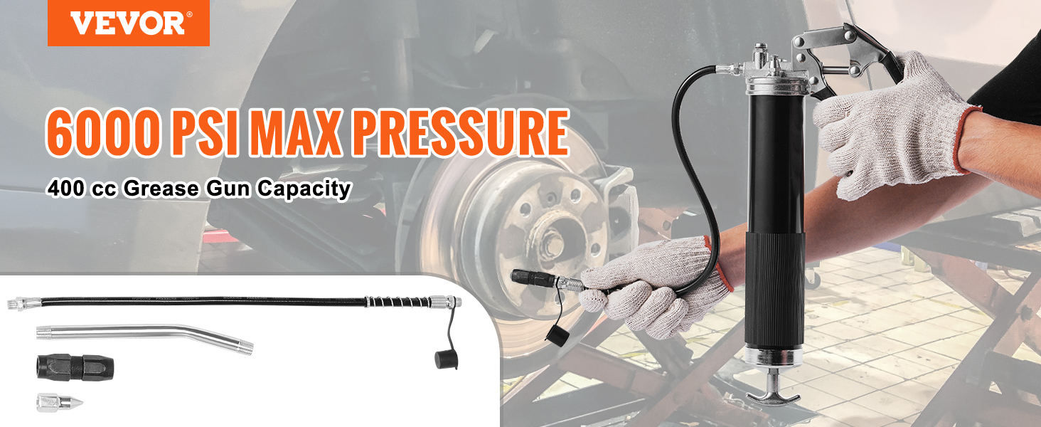 VEVOR pistol grip grease gun, 6000 psi, 400 cc capacity, with gloves and additional accessories.