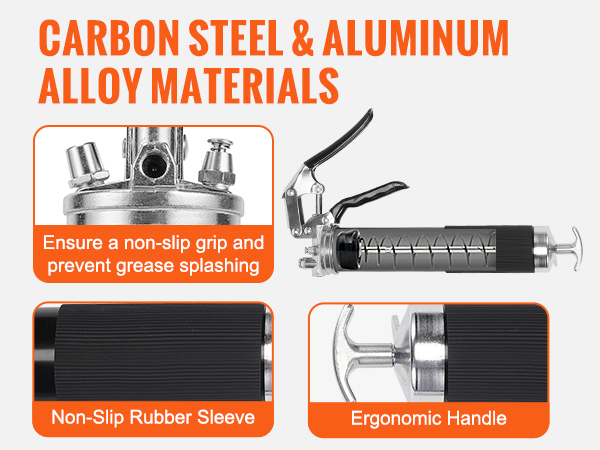 VEVOR grease gun with carbon steel, aluminum alloy, non-slip grip, and ergonomic handle.