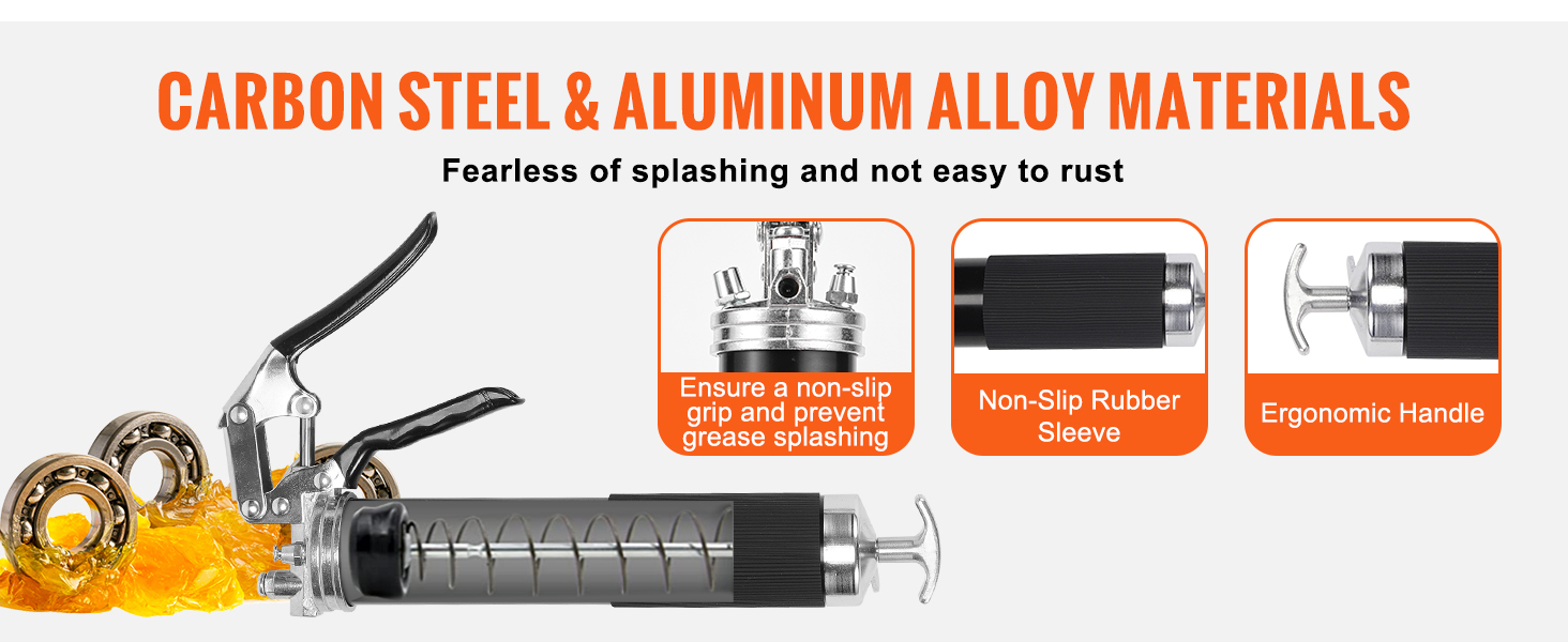 VEVOR grease gun with carbon steel, aluminum alloy, non-slip grip, and ergonomic handle.