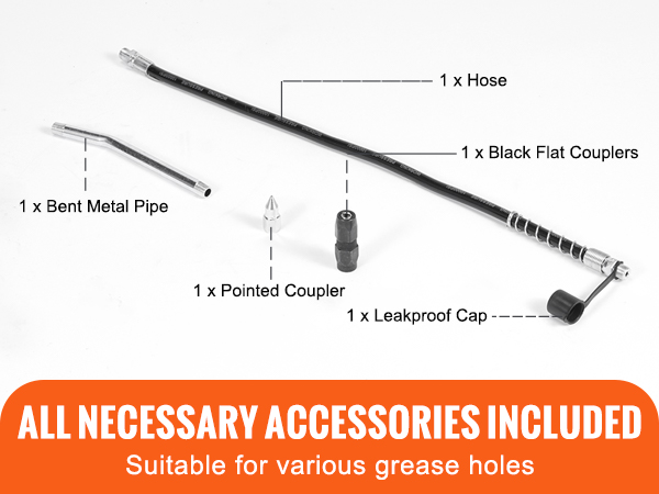 VEVOR pistol grip grease gun accessories: hose, black flat couplers, bent metal pipe, pointed coupler, leakproof cap.