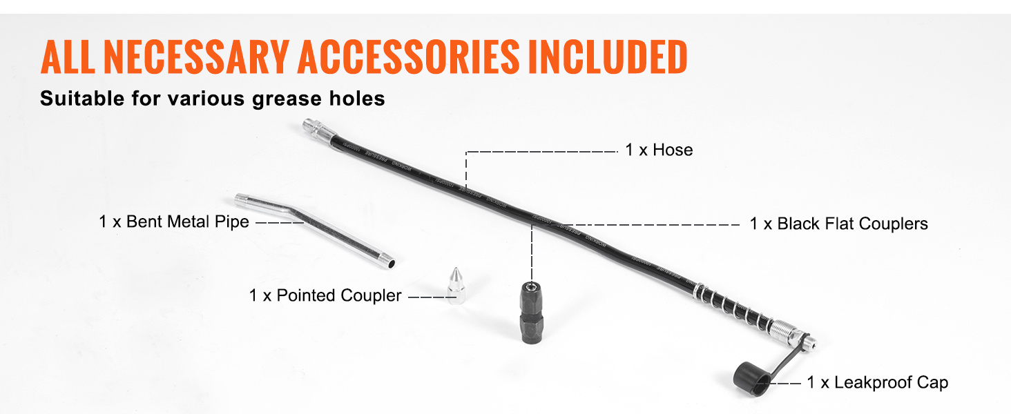 VEVOR pistol grip grease gun accessories: hose, black flat couplers, bent metal pipe, pointed coupler, leakproof cap.