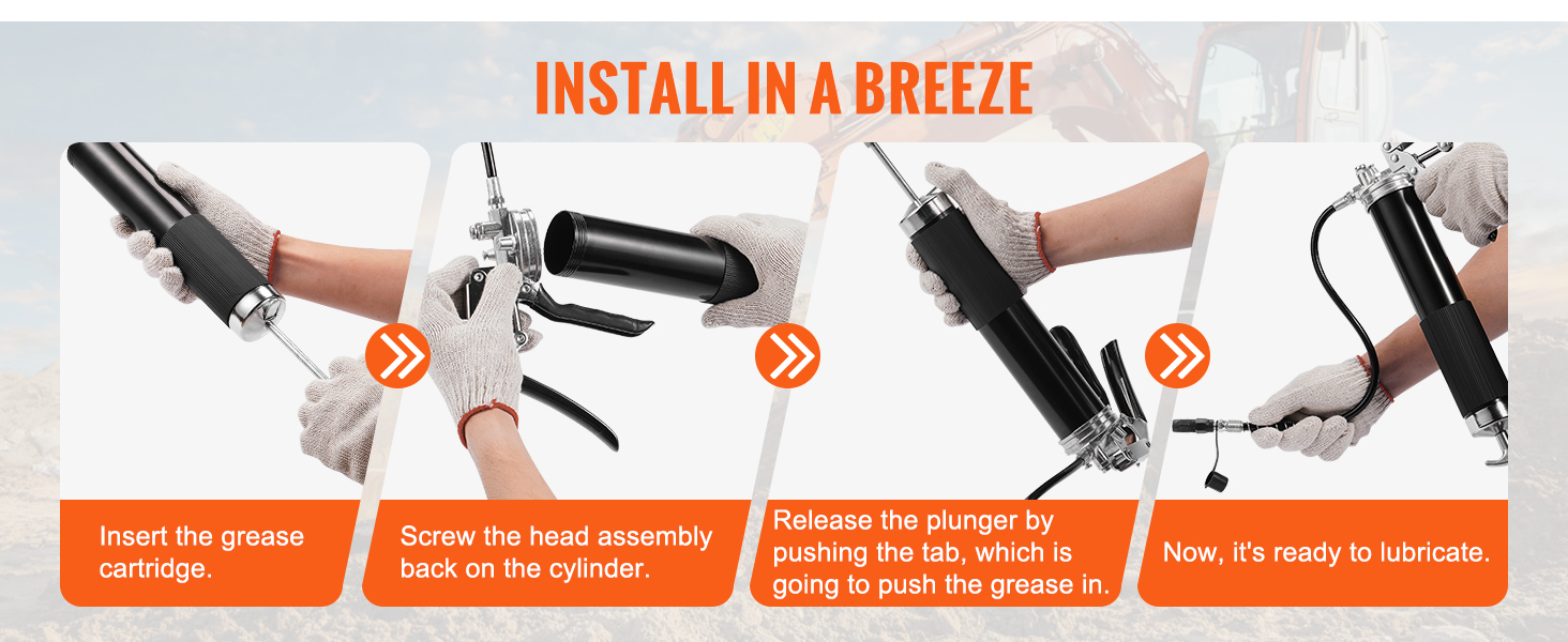 installing the VEVOR pistol grip grease gun: insert cartridge, screw head, release plunger, lubricate.