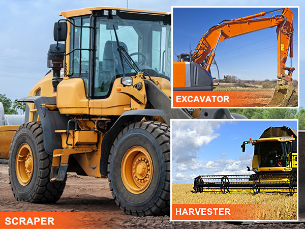 scraper, harvester, and excavator heavy machinery for construction and farming.