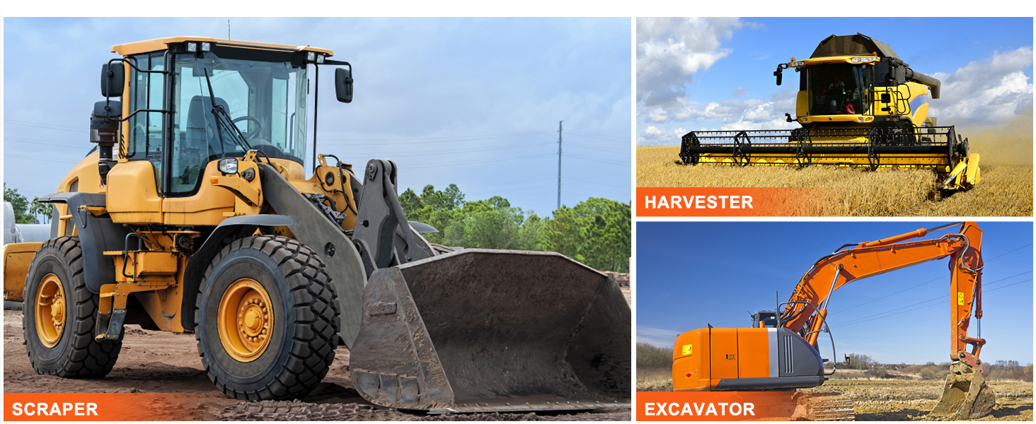 scraper, harvester, and excavator heavy machinery for construction and farming.