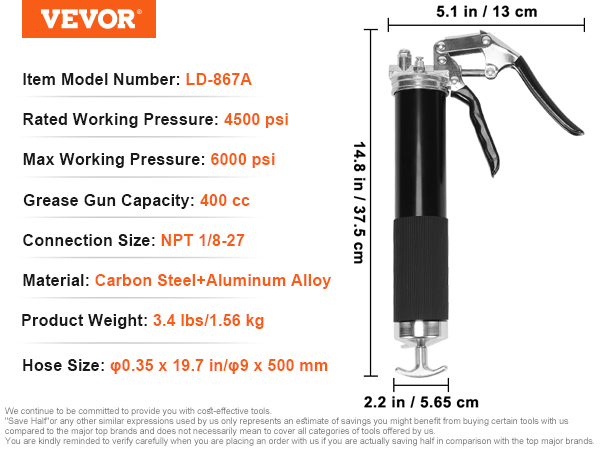 VEVOR pistole ar rokturi, 6000 psi, 400 cm3 ietilpība, npt 1/8-27 savienojums, 37,5 cm garums.