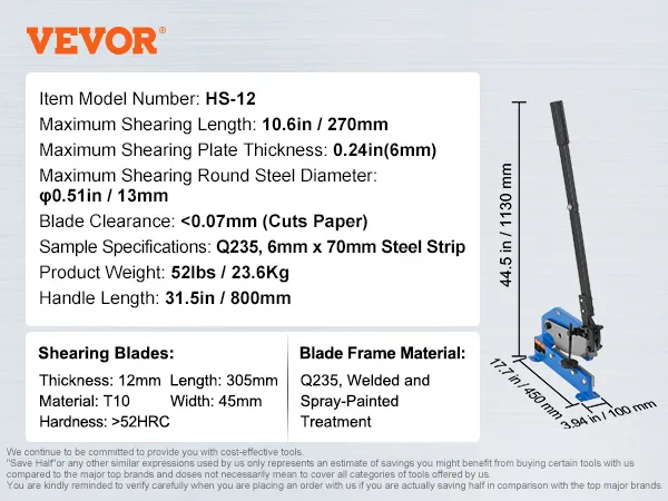 VEVOR metal shear hs-12 features a 270mm shearing length, 6mm plate thickness, and 800mm handle.