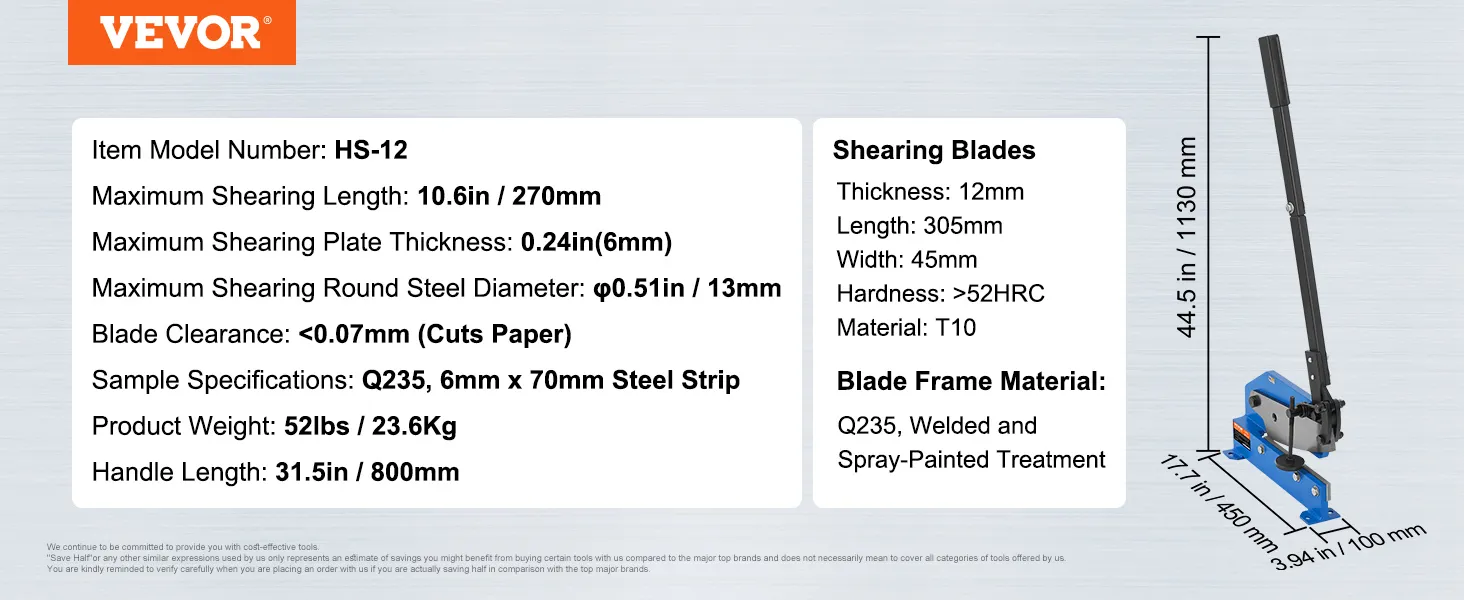 VEVOR metal shear hs-12 features a 270mm shearing length, 6mm plate thickness, and 800mm handle.