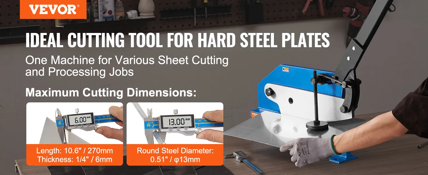 VEVOR metal shear ideal for hard steel plates, precision cutting, max dimensions: 10.6