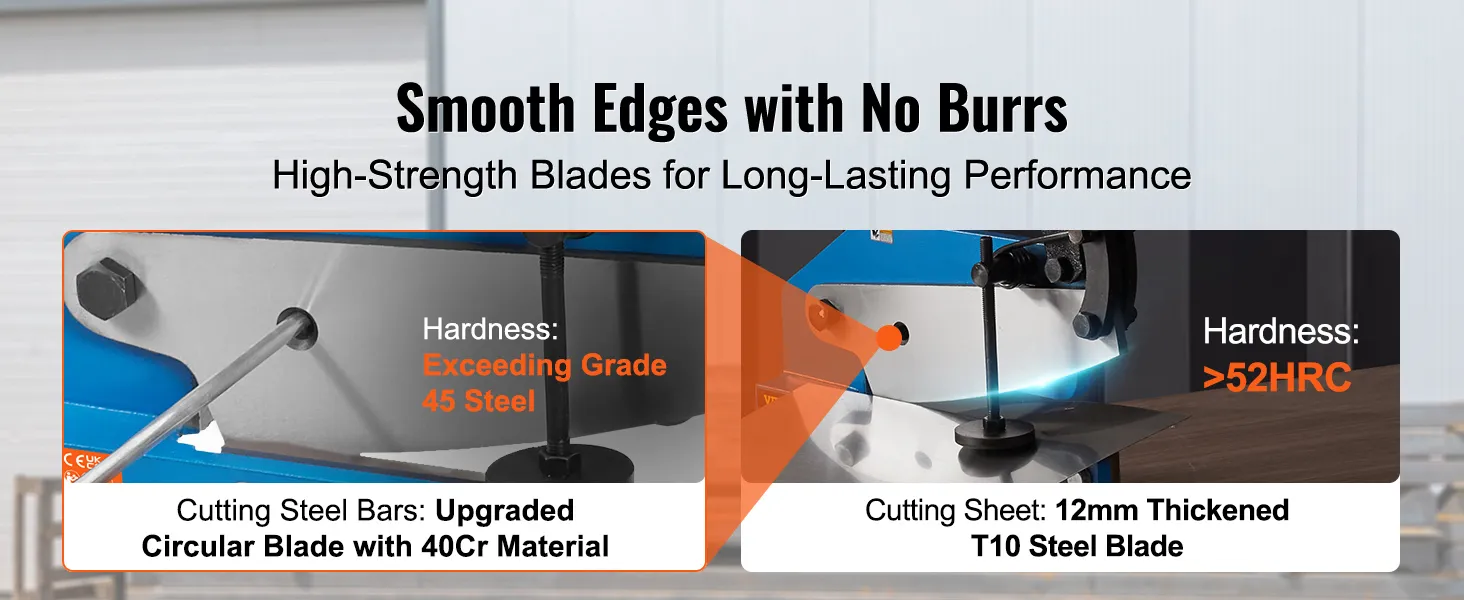 smooth edges with no burrs, showcasing VEVOR metal shear with high-strength blades for durability.