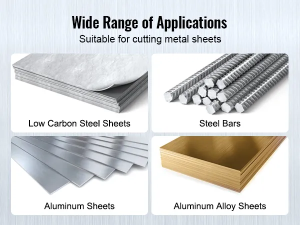 VEVOR metal shear cutting low carbon steel sheets, steel bars, aluminum sheets, and aluminum alloy sheets.