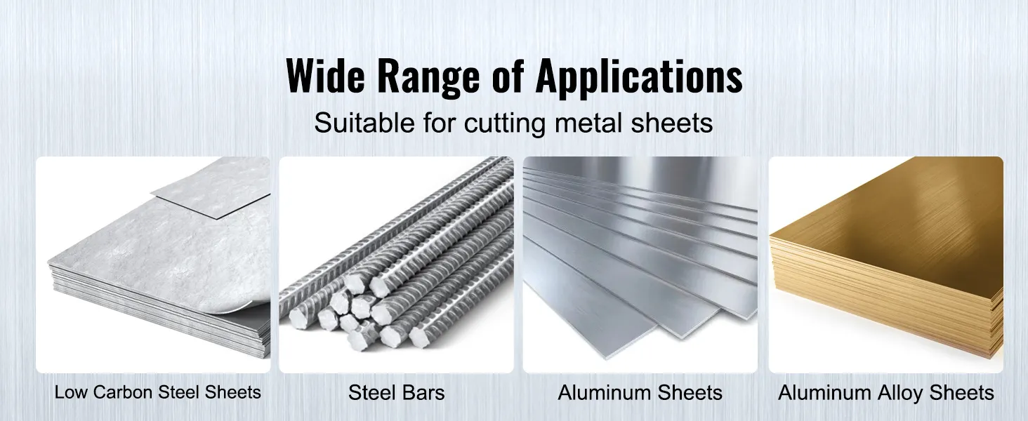 VEVOR metal shear cutting low carbon steel sheets, steel bars, aluminum sheets, and aluminum alloy sheets.