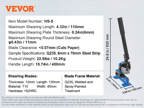 VEVOR metal plate shear hs-5: max shearing 0.24in, blade clearance <0.07mm, handle length 15.74in.