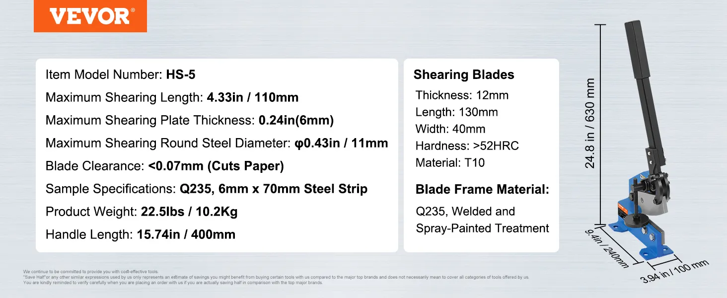 VEVOR metal plate shear hs-5: max shearing 0.24in, blade clearance <0.07mm, handle length 15.74in.