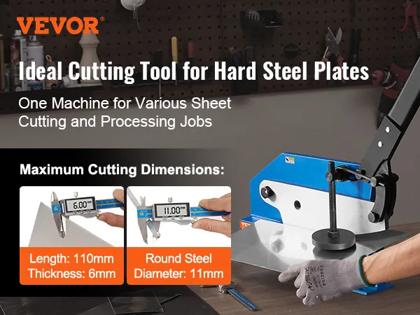 VEVOR metal plate shear cutting machine for hard steel plates with maximum cutting dimensions and tools.