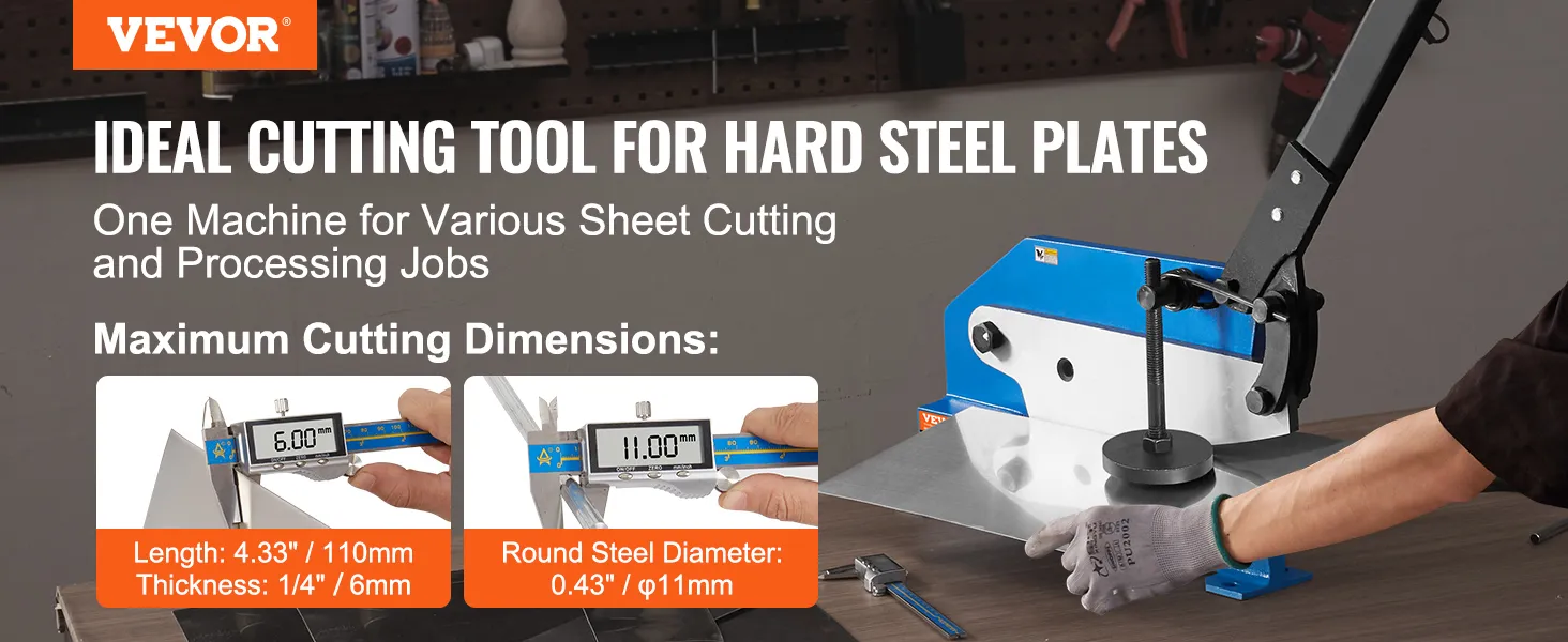 VEVOR metal plate shear cutting machine for hard steel plates with maximum cutting dimensions and tools.
