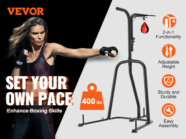VEVOR punching bag stand with 400 lbs weight capacity, adjustable height, sturdy and durable design.